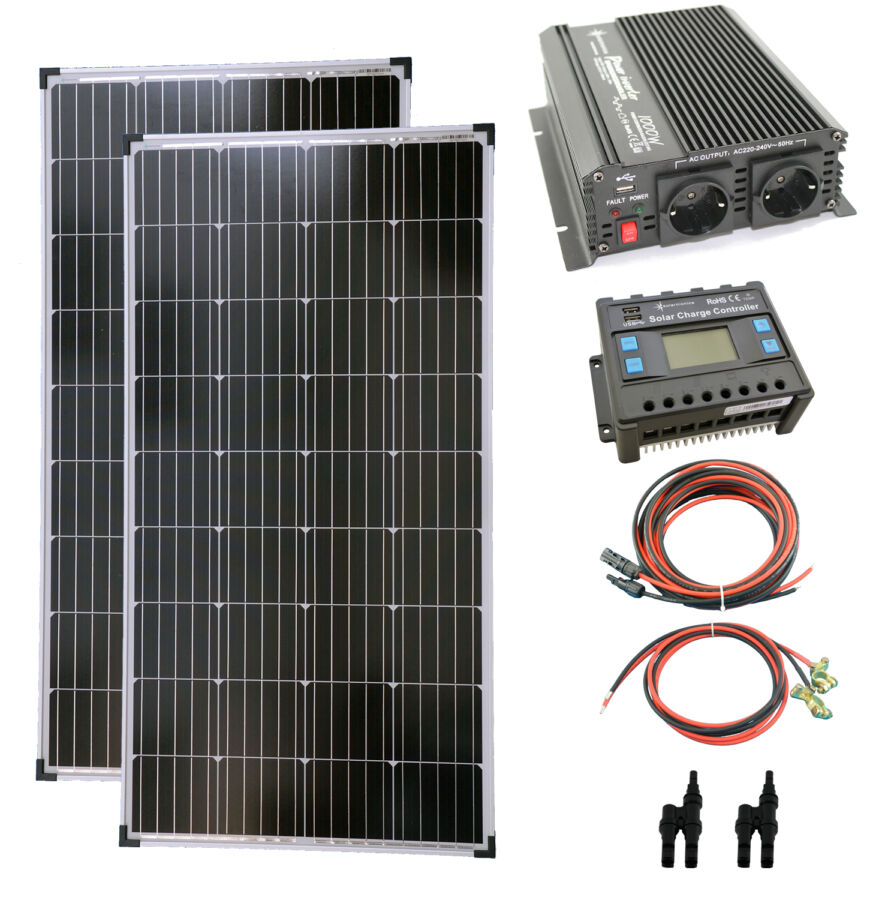 Szigetüzemű napelem rendszer 2x170w napelem + 1000w inverter + 30A töltővezérlő 