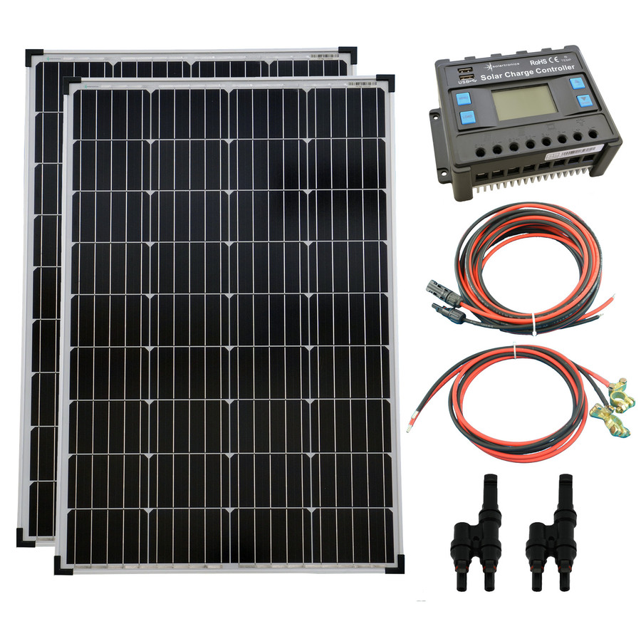 Szigetüzemű napelem rendszer 2x100W monokristályos napelem + 20A töltésvezérlő Szigetüzemű napelem rendszer 2x100W monokristályos napelem + 20A töltésvezérlő