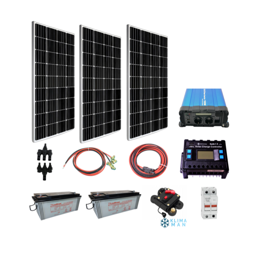 Szigetüzemű napelem rendszer 3x170 watt monokristályos szett + 1500w szinusz Inverter + 40A töltésvezérlő